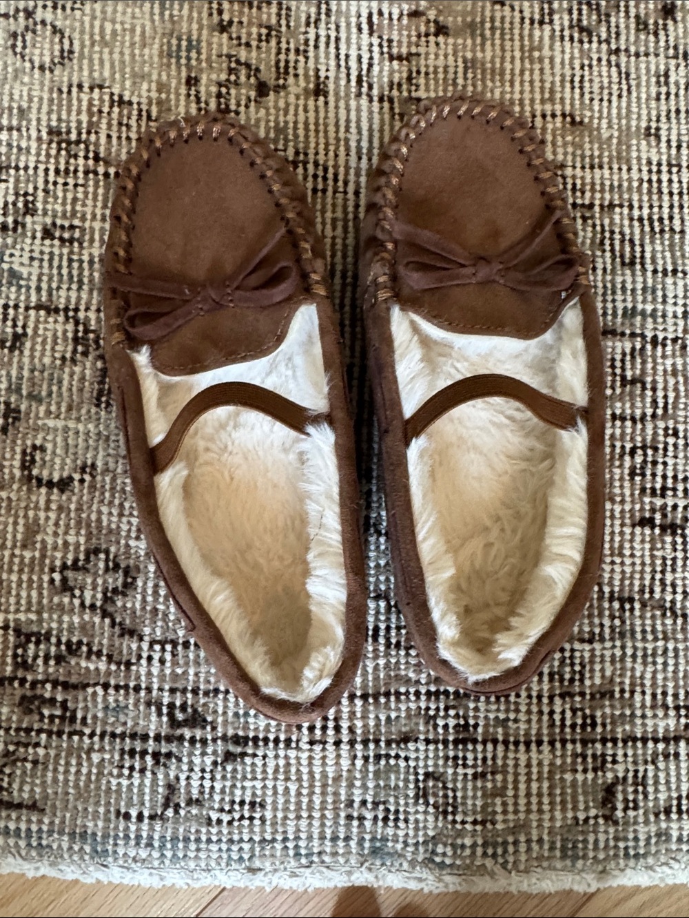 Brown Suede Faux-Fur Lined Moccasin Slippers, size 12